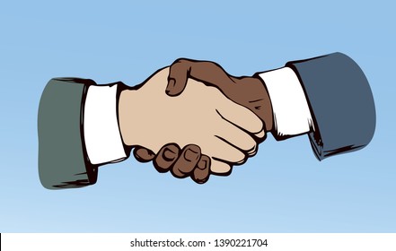 Formal relationship handclasp on blue background. Black color drawn job unite logo emblem sketch in modern art cartoon graphic style. Closeup view unity employ join hello concept on space for text