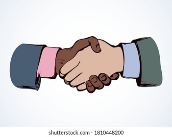 Formal relationship handclasp white text space backdrop. Black color drawn job unite logo pictogram emblem sketch modern art cartoon graphic print style. Closeup view unity employ join hello concept
