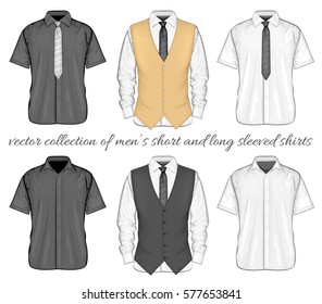 Formal shirts (button-down collar) with and without neckties and waistcoat. Short and long sleeve variants of shirt. Vector illustration.