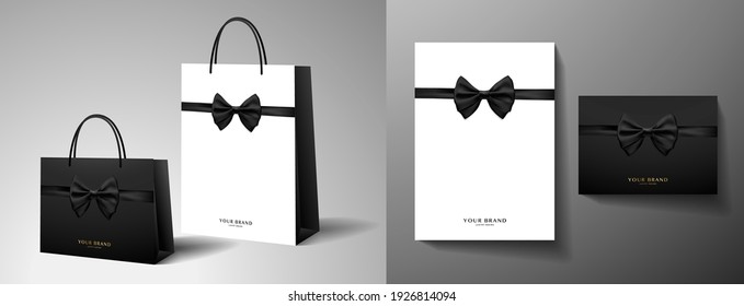 Formal Shopping Paper Bag Design Template With Black Tie (bow Butterfly) Print. Elegant Holiday Pattern For Brand Gift Packet, Premium Shop Purchase. Vector Corporate Layout
