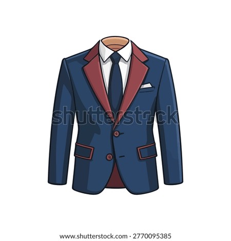 Formal suit jacket with tie illustration, mens business attire icon for Fathers Day, wedding invitation, corporate fashion branding materials