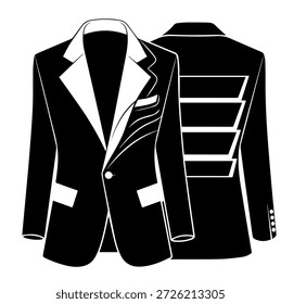 Chaqueta de traje formal con panel trasero escalonado y Ilustración vectorial de silueta de solapa en pico para sastrería premium y diseño de moda masculina