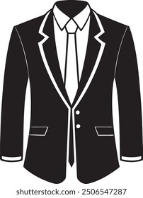 A formal suit jacket with a white collared shirt, navy blue necktie on a transparent background, minimalist corporate fashion, vector-style illustration