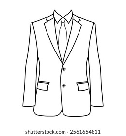 Formal Suit Outline Vector Illustration. This vector illustration showcases a formal suit jacket with a neatly tied necktie and a collared shirt beneath.