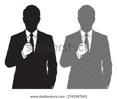 Formal suit, tie, hand gesture, professionalism, confident man, business attire, silhouette