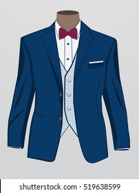 Formal suit or tuxedo with bow tie and formal trousers.