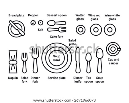 Formal Table settings. Plate, fork, knife, spoon icon set. Eating rules symbols. Cutlery etiquette. 