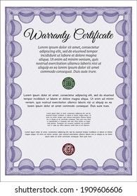 Formal Warranty Certificate template. Artistry design.  With complex linear background.    Violet color.