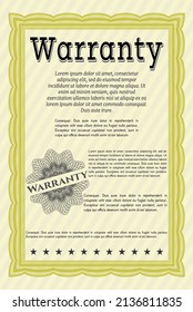 Formal Warranty Certificate template. Cordial design.  With background.  Customizable, Easy to edit and change colors.  Yellow color.