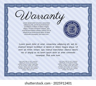 Formal Warranty Certificate template. Elegant design.  With linear background.    Blue color.