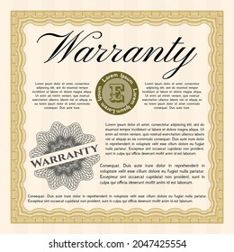Formal Warranty Certificate template. Excellent design.  With guilloche pattern and background.  Vector illustration.  Orange color.