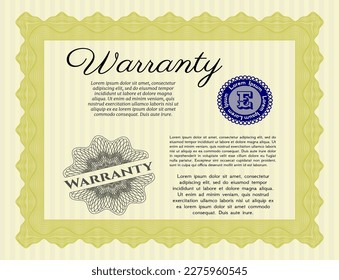 Formal Warranty Certificate template. Excellent design.  Complex background.  Detailed.  Yellow color.