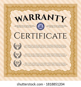 Formal Warranty Certificate template. Lovely design.  With great quality guilloche pattern.  Customizable, Easy to edit and change colors.  Orange color.