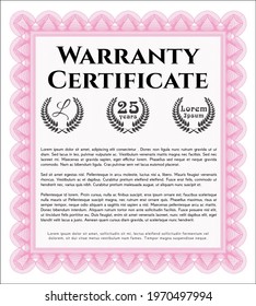 Formal Warranty Certificate template. Money Pattern design.  With great quality guilloche pattern.  Customizable, Easy to edit and change colors.  Pink color.