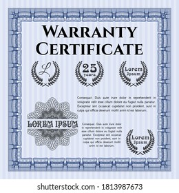 Formal Warranty Certificate template. Nice design.  With background.  Detailed.  Blue color.