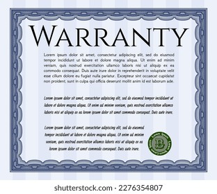 Formal Warranty Certificate template. Nice design.  With background.  Vector illustration.  Blue color.