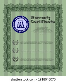 Formal Warranty Certificate template. Sophisticated design.  With linear background.    Green color.