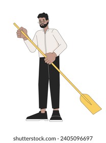 Formal wear black adult man holding paddle 2D linear cartoon character. African american male isolated line vector person white background. Water activity paddleboarding color flat spot illustration