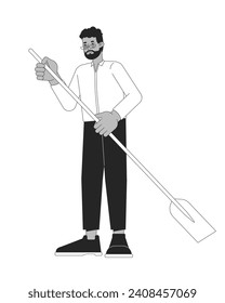 Formal wear black adult man holding paddle black and white 2D line cartoon character. African american male isolated vector outline person. Water paddleboarding monochromatic flat spot illustration