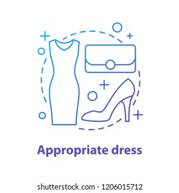 Formal wear concept icon. Appropriate dress idea thin line illustration. Holiday women's clothing and accessories. Vector isolated outline drawing