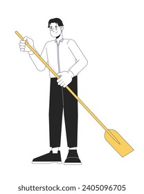 Formal wear korean man holding paddle 2D linear cartoon character. Asian young male isolated line vector person white background. Water activity paddleboarding color flat spot illustration