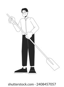 Formal wear korean man holding paddle black and white 2D line cartoon character. Asian young male isolated vector outline person. Water activity paddleboarding monochromatic flat spot illustration