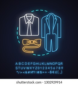 Formal wear neon light concept icon. Suits. Men's clothes idea. Menswear. Clothing store. Glowing sign with alphabet, numbers and symbols. Vector isolated illustration