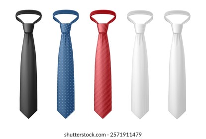 Formal wear official apparel accessories for men. Vector isolated set of realistic icons with ties of different colors and patterns, polka dot and diagonal stripes print. Blank costume part