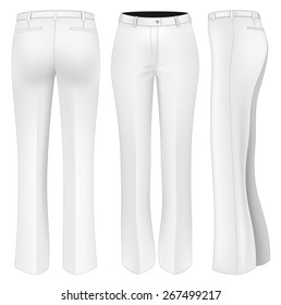Formal white trousers for women (front, back and side views). Vector illustration.