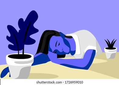 Formal woman at home and staying safe at home vector illustration. Modern illustration The girl takes a break from working from home on a blue background. Illustration women for any business as needed