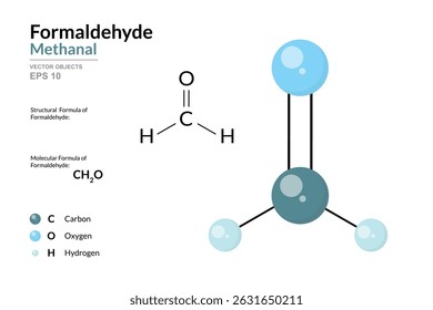 Formaldehyde. Methanal. Structural Chemical Formula and 3d Model of Molecule. CH2O. Atoms with Color Coding. Vector graphic Illustration for educational materials, scientific articles, presentations - Powered by Shutterstock - Get 15% off with code: PIKWIZARD15
