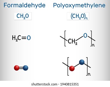 Formaldehyde (methanol, methylene oxide, methylaldehyde, oxomethane, formalin) and polyoxymethylene (POM, acetal, polyacetal, polyformaldehyde) molecule. Monomer and polymer. Vector illustration
