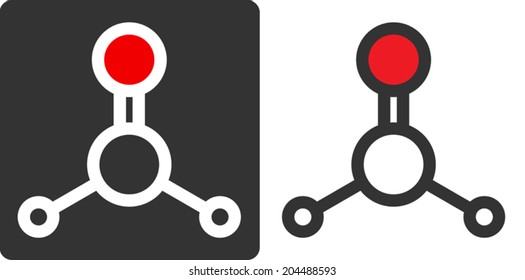 Formaldehyde pollutant molecule, flat icon style. Atoms shown as circles. Known carcinogen. Atoms shown as color-coded circles (oxygen - red, carbon - white/grey, hydrogen - small white/grey).	