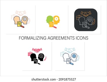 Formalizing agreements icons set. Dispute resolution.Documentation. Successfully handles, resolves issues.Collection of icons in linear, filled, color styles.Isolated vector illustrations