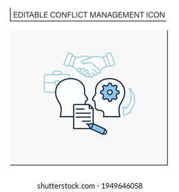 Formalizing agreements line icon. Dispute resolution.Documentation. Successfully handles, resolves issues sensibly and fairly.Communication concept. Isolated vector illustration. Editable stroke