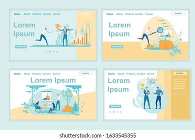 Formally Dressed Brunet Giving Cup to Competition Winner. Man with Magnifying Glass Examining Data. Problem Solving Training. Colleagues Discussing Complicated Task. Four Landing Page Templates.