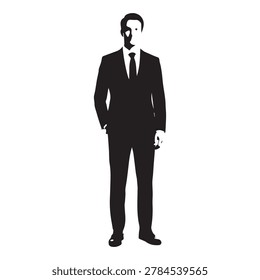 A formally dressed man stands confidently with hands in pockets, wearing a gray double-breasted suit, white dress shirt, dark tie, and brown dress shoes. The background is plain and neutral, emphasizi.