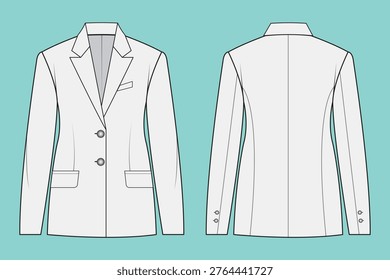 Formalwear blazer black and white flat sketch outline cad mockup.	