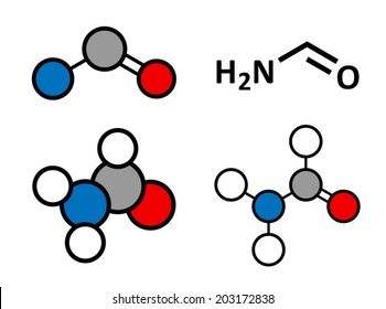 Formamide (methanamide) solvent molecule.  Stylized 2D renderings and conventional skeletal formula.