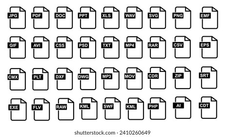 Formato de archivo de la colección de iconos de documento. Ilustración vectorial. JPG, PDF, DOC, PPT, XLS, MP4, RAR, PSD, EPS, AI, ZIP, MP3, MPV, GSF y más. en blanco y negro