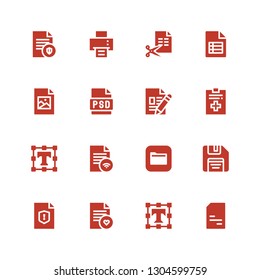 format icon set. Collection of 16 filled format icons included Doc, Text editor, File, Floppy disk, Files, Psd, Jpeg, Printing machine