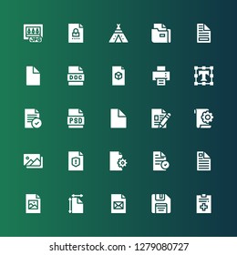 format icon set. Collection of 25 filled format icons included File, Floppy disk, Jpeg, Photography, Psd, Text editor, Printing machine, Doc, Tipi, Jpg