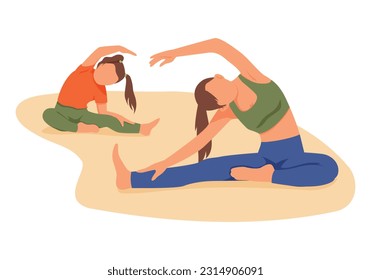 Formation of correct posture. People of all ages are engaged in fitness. Mother supervises her daughter exercise. Mother shows benefits of sports by her own example. Exercising indoor with kids