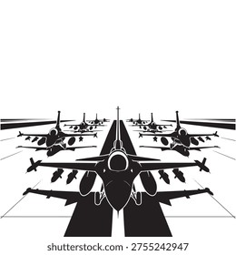 Formation of fighter jets depicted in a striking black and white graphic
