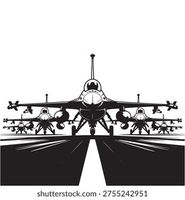 Formation of fighter jets taking off on a runway