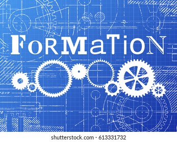 Formation sign and gear wheels technical drawing on blueprint background