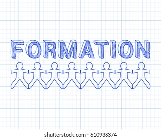 Formation text hand drawn with paper people on graph paper background