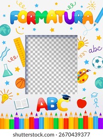 Formatura, ABC - Zurück zur Schule Selfie Foto Frame Booth Design. Übersetzung - Abschluss. Erstes Schulkonzept für Vorschul- oder Kindergartenkabinengestaltung. Vektorgrafik