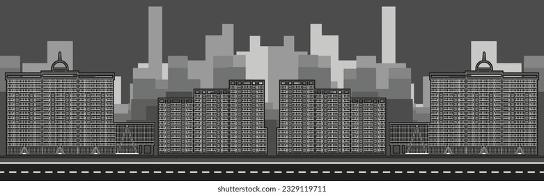 Formed architectural city silhouette. Architectural composition perceived through modern building images. Urban concept background of abstract cityscape. Characteristic flat silhouettes buildings.