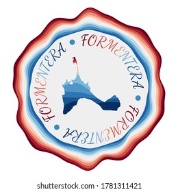 Formentera badge. Map of the island with beautiful geometric waves and vibrant red and blue frame. Vivid round Formentera logo. Vector illustration.
